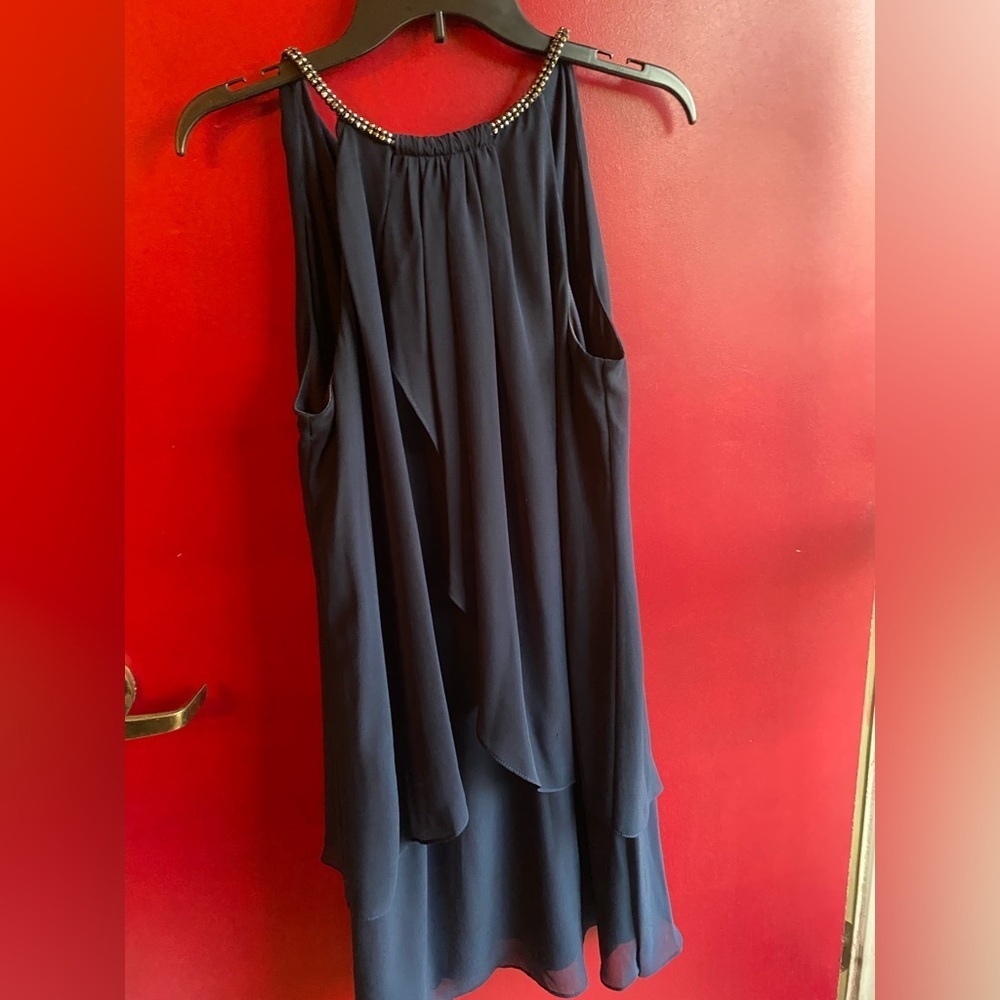 SLNY Deep Navy crystal embellished collar  halter chiffon cocktail NWOT Size 14
